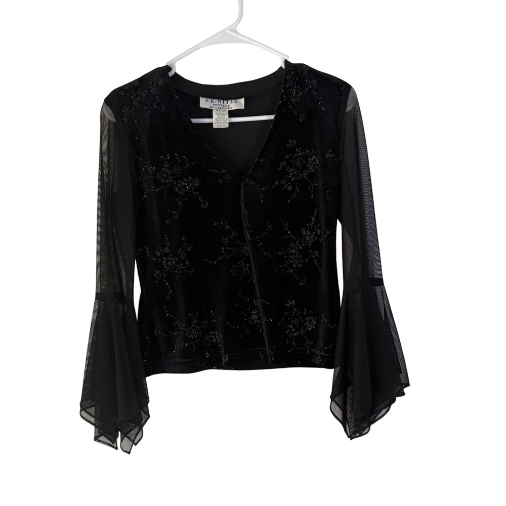 J.R. Nites Vintage‎ 6 Petite Black Velvet Beaded Mesh Bell Sleeve Top Whimsigoth